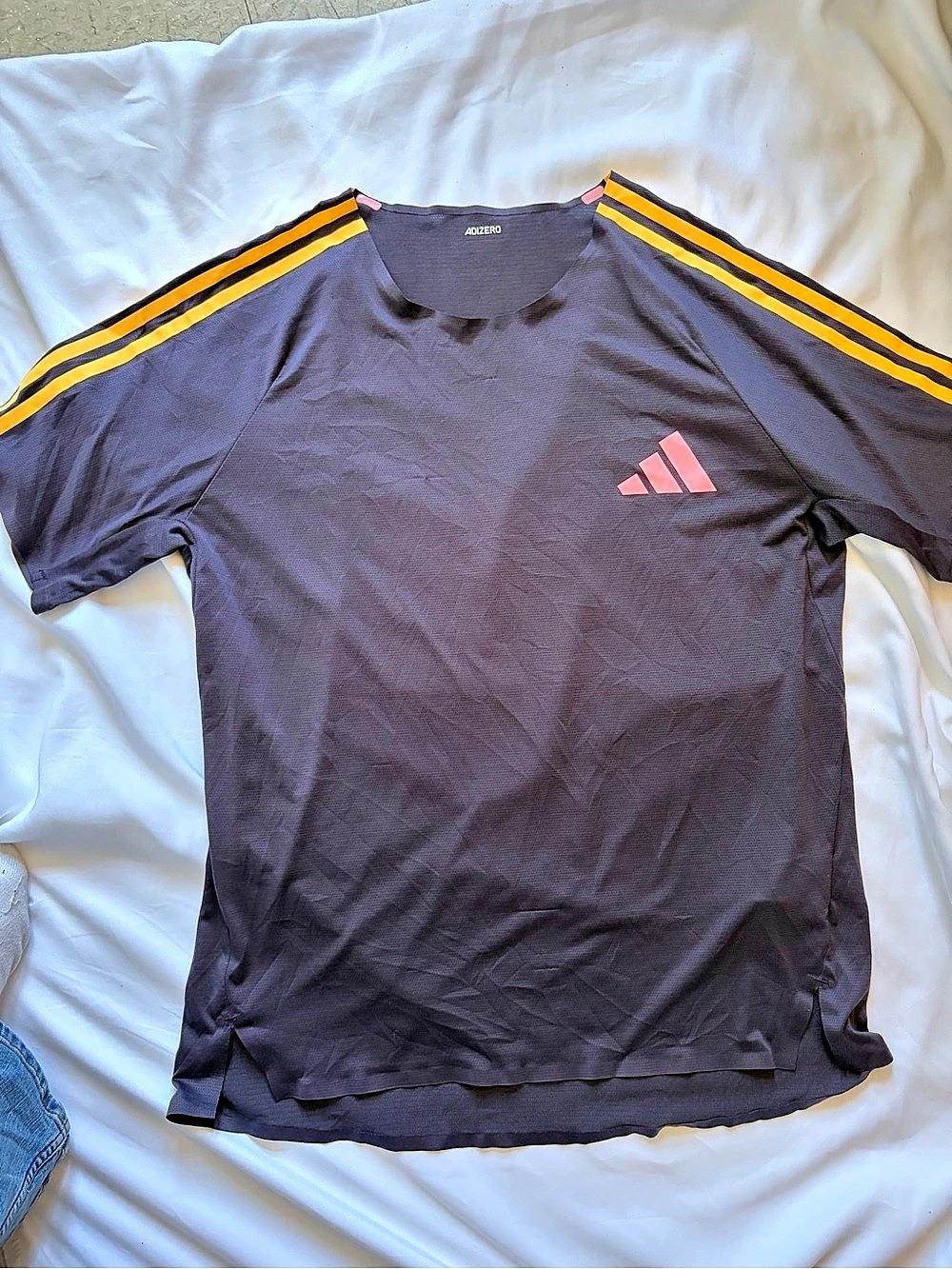 Adidas Adizero Archive Running T-Shirt Dark Purple with pink logo and yellow/gol